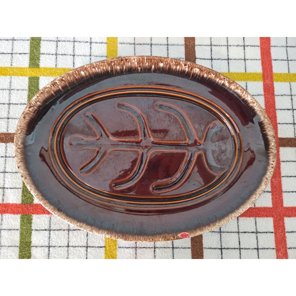 Hull Pottery Mirror Brown Drip Glaze Oval Well and Tree Platter USA 14 Inch